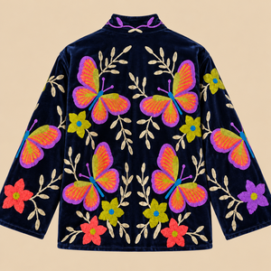 <b>Women</b> Floral Embroidered Velvet Mandarin <b>Collar</b> Robe Full-Length Long Sleeve Reversible Cotton Vintage Soft Autumn Style - Product Image 4