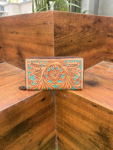 Cartera tallada a mano, funda de teléfono de mano, elegante, multiusos, carteras de cuero occidental, billetera de Color turquesa para mujer - Product Image 5