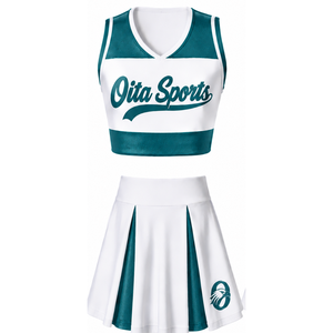Ensemble d'uniformes de cheerleading sublimés blancs et turquoise sans manches – Haut et jupe athlétiques pour l'entraînement, la performance et la compétition - Product Image 1