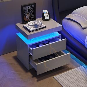 Modern Grey Gold <b>LED</b> Nightstand with 2 Drawers <b>Bedside</b> <b>Table</b> Cabinet Lights for Bedroom - Product Image 3