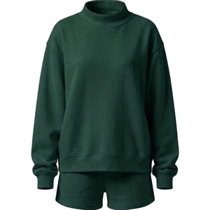 Fabricante OEM de Conjuntos de Sudadera de Dos Piezas de Algodón y Felpa para Mujer, Etiqueta Privada, Corte Holgado, Sudadera Larga con Capucha y Pantalones Cortos - Product Image 1
