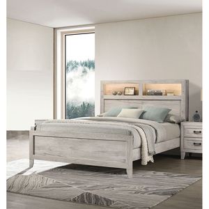 Cama de Madera Contemporánea de 1 Pieza, Tamaño Queen, con Cabecera y Estantes, Acabado Blanco Claro, Muebles Contemporáneos - Product Image 1