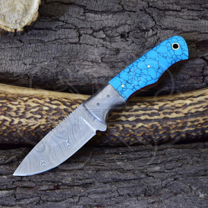Couteau de chasse artisanal en acier Damas avec manche en résine turquoise bleue, lame fixe pleine longueur, couteau de camping d'extérieur - Product Image 2