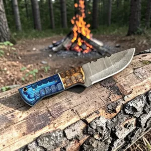 Cuchillo de caza de hoja fija de acero de Damasco con punta de gota y gancho para desollar, mango de madera verde, filo recto, OEM, 8 pulgadas, 2 hojas, para camping al aire libre - Product Image 3