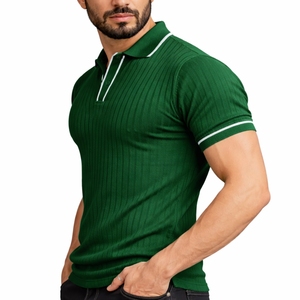 Chemise Homme Tricotée Côtelée Texturée à Manches Courtes avec Bordure Contrastante aux Poignets, Col Contrastant en Coton, Poche Poitrine, Coupe Slim, Style Vintage, Séchage Rapide - Product Image 3