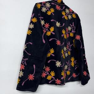 <b>Women</b> Black <b>Velvet</b> Embroidered <b>Jacket</b> With Multicolor Floral Pattern Full Sleeve Stand Collar Handmade Boho <b>Women</b> Autumn Coat - Product Image 3