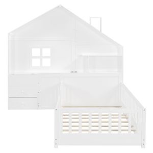 Letto singolo bianco per bambini con finestra, cassetti laterali e mensole, set di prese e porta USB - SKU precedente - Product Image 4