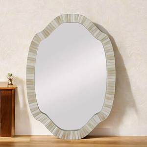 Miroir mural ovale en bois MDF avec incrustations de os, style moderne, art indien exotique, miroir décoratif pour salle de bain, couleur or - Product Image 2