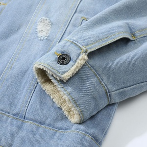 Trendy Light Wash Distressed Denim <b>Jacket</b> Cream <b>Shearling</b> Collar Ripped Casual Winter Coat Snap Button Custom Wholesale Supplier - Product Image 5