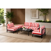 Ensemble de canapés d'extérieur modernes en acier avec coussins rayés rouge et blanc, mobilier de jardin contemporain, sièges durables pour patio