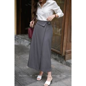 Jupe portefeuille taille haute CV747 pour femme, couleur unie, longueur cheville, ceinturée, formelle, respirante, en polyester et coton tissé, toutes saisons - Product Image 4