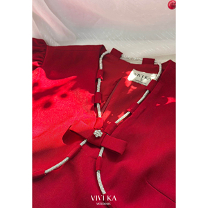 Blusa roja con cuello en V y manga corta para mujer, blusa con mangas abullonadas y detalle de lazo, top corto femenino para fiesta, estilo informal THETIS - Product Image 6