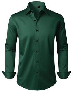 Chemise habillée homme verte unie à manches longues, col rabattu, chemise de travail formelle, manches longues, tissu popeline - Product Image 1