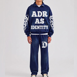 ADR As Identity Unisex Blue Full <b>Zip</b> <b>Hooded</b> Tracksuit Set | Glitter Letter Print Streetwear Sweatshirt & Jogger Pants | Regular - Product Image 1