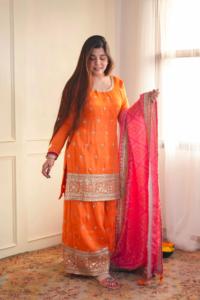 Designer Thread With Intricate Sequence Work Chinon <b>Top</b> With Plazzo And Dupatta Fully Stitched Ready To Wear Set - Product Image 1