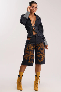 Shorts pour hommes en denim brodé style gothique, taille haute, motif floral, fermeture boutonnée, 100% coton, séchage rapide, pour la gym et la course à pied - Product Image 6