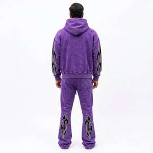 Men's Eco-Friendly Reversible Heavyweight 100% Cotton <b>Purple</b> <b>Tie</b> Dye Hooded Tracksuit Set Flame Print Streetwear Full Length - Product Image 2