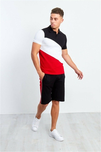 Top Trendy New Strip Style Men's Color Blocking <b>Polo</b> T-Shirt And Shorts Set Casual Breathable Knitted Summer Outfit Navy <b>White</b> - Product Image 4