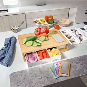 Planche à découper en bambou Daystar Trade, écologique, durable, passe au lave-vaisselle, grande taille, avec tiroirs de rangement, 4 plateaux, ustensiles de cuisine - Product Image 4