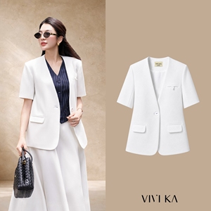 Blazer blanc élégant pour femme, manches courtes, col en V, un bouton, style décontracté pour le bureau, en spandex/polyester, JAYCE - Product Image 1