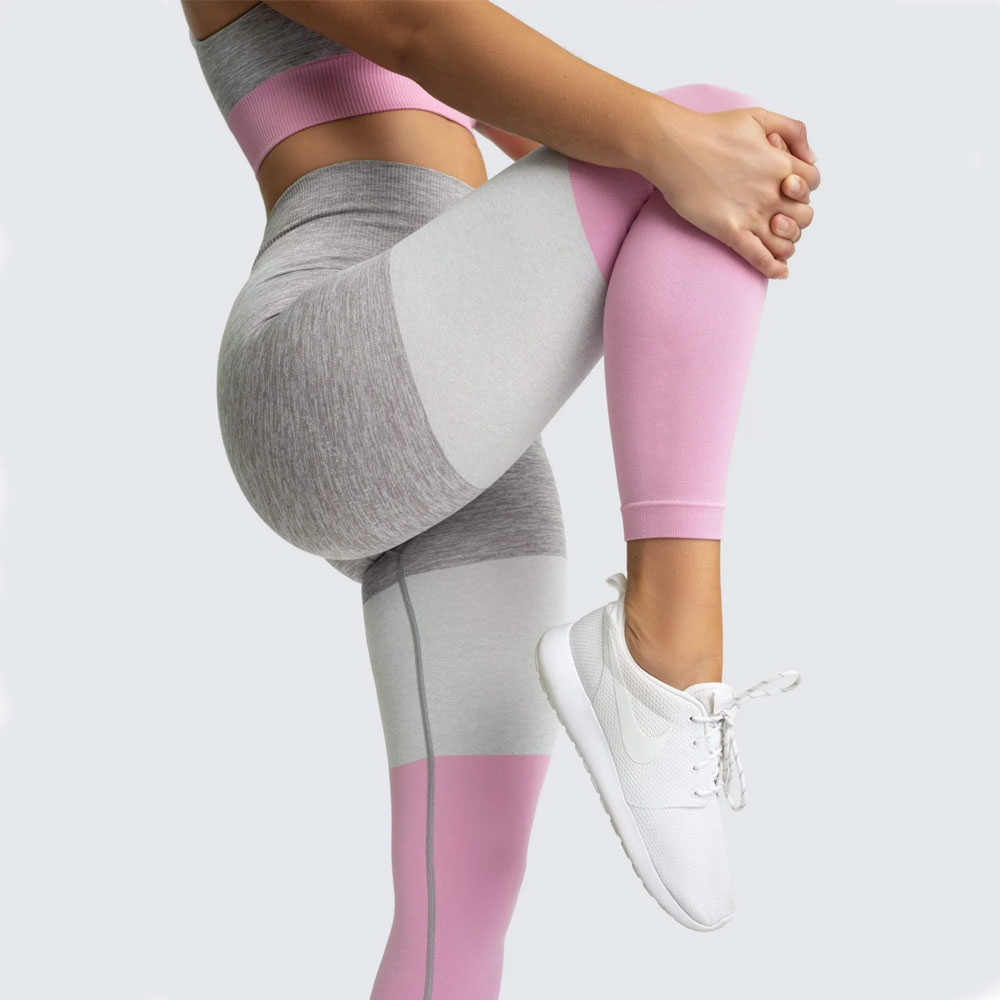 High Waist Color Blocked Yoga Leggings Full Length Spandex Nylon Four-Way Stretch Contrast Stitch Pants