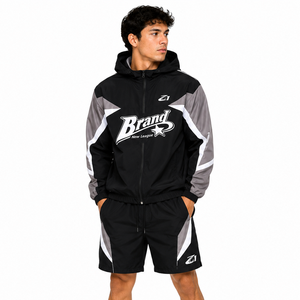 Veste coupe-vent deux pièces personnalisée haut de gamme, patchwork, fermeture éclair, nylon, polyester, streetwear, survêtement pour homme, coupe-vent à capuche pour le sport - Product Image 1