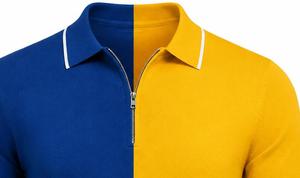 Chemise décontractée pour homme en coton Oxford tricoté, bleu et jaune, à blocs de couleur, avec poche, respirante, à manches courtes et fermeture éclair, coupe classique - Product Image 2
