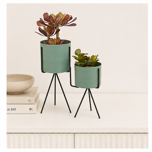 Ensemble de 2 supports à plantes modernes en métal avec pots de fleurs sur piédestal, luxueux, revêtement poudré vert, pour plantes succulentes d'intérieur - Product Image 6