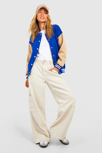 แจ็คเก็ตเบสบอลใสสไตล์วาร์ซิตี้สำหรับผู้หญิง แจ็คเก็ตครอปขนสัตว์ปักตัวอักษรสำหรับผู้หญิง ขายส่ง - Product Image 5