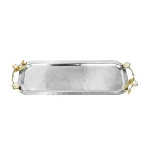 Plateau de service rectangulaire en acier inoxydable argenté, plateau à sushi et à pain de luxe avec poignées en fil de laiton doré en forme de feuille de Ginkgo, finition raffinée - Product Image 2