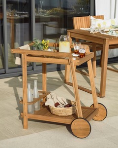 Chariot de service moderne en teck avec roulettes, chariot de bar d'extérieur avec porte-bouteilles, chariot à boissons de luxe pour hôtel, villa - Product Image 2