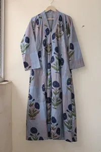 Women Hand Block Print Cotton Maxi <b>Dress</b> Blue Floral <b>Loose</b> Fit V Neck A Line Long <b>Dress</b> - Product Image 5