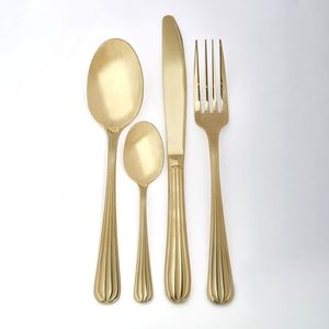 Ensemble de couverts en acier inoxydable avec manche cannelé doré, vaisselle de luxe, cuillère, fourchette, couteau, ensemble de couverts, décoration de table - Product Image 1