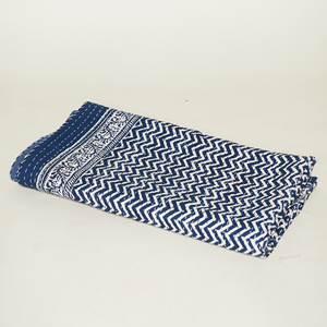Blue Printed Bohemian Fluffy Organic Cotton <b>Quilt</b> Blanket Handmade Zigzag Floral Pareo Wrap <b>Throw</b> Soft Breathable Unisex Bedding - Product Image 3