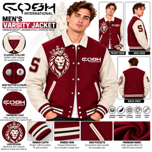 Chaqueta Varsity para hombre en color granate con bordado de león coronado y botones a presión. - Product Image 6