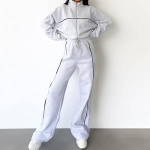 Ensemble de survêtement décontracté 2 pièces pour femme, couleur unie, avec fermeture éclair, haute qualité, vente en gros - Product Image 1