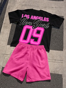 Ensemble T-shirt et short pour homme style streetwear, imprimé New York, tenue décontractée d'été, rose et noir, col rond, tissu tricoté respirant - Product Image 5