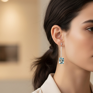 Boucles d'oreilles pendantes vintage en argent 925 plaqué rhodium avec accent étoile en topaze bleue taille émeraude, bijoux classiques pour femme, cadeau de fête - Product Image 3