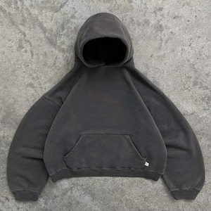 Sweat-shirt à capuche unisexe bleu marine surdimensionné, coupe courte, manches classiques, couleur unie, poche avant, décontracté, en molleton tricoté pour l'automne - Product Image 4