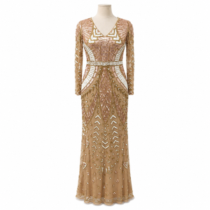 Women Champagne Gold Beaded <b>Sequin</b> Evening Gown V Neck Sheer Long Sleeve Embellished Net Maxi Dress Formal Wedding Prom Party - Product Image 1