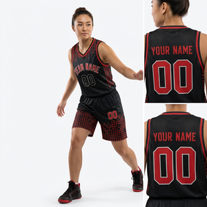Maillot de basket-ball personnalisé sublimé noir et rouge sans manches col en V coupe athlétique unisexe adulte impression du nom de l'équipe - Product Image 5