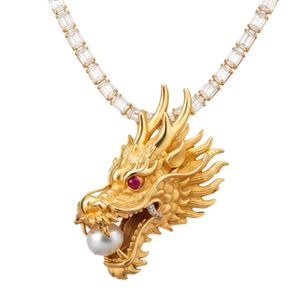 Imperial Dragon Pendant <b>Necklace</b> 18K Yellow Gold Pearl <b>Ruby</b> Eye Emerald Cut Diamond Chain Luxury Statement Jewelry Gift - Product Image 1