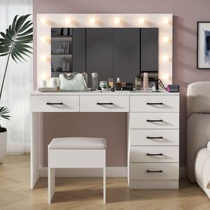 Large Lighted 12 LED <b>Mirror</b> <b>Makeup</b> Vanity Desk Set with 7 Drawers Glass Top Dressing Vanity Table with Power Outlet - Product Image 1