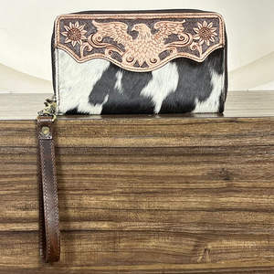Cartera de Cuero Vacuno Estilo Western Personalizada, Diseño de Águila Grabado a Mano, Cartera con Cremallera y Correa para la Muñeca, OEM ODM, Organizador de Mano para Mujer - Product Image 5