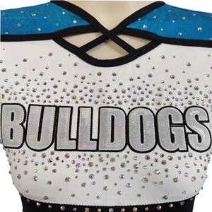 Nouvelle Arrivée Uniformes de Cheerleading en Tissu Extensible de Haute Qualité Bleu Océan Blanc Strass Scintillants pour Scène Personnalisables à 100% - Product Image 5