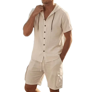 2026 Summer New Mens Cotton Satin Short-Sleeve Shirt Set Solid Color Stand Collar Casual <b>Beach</b> 2pcs Quick Dry Breathable - Product Image 1