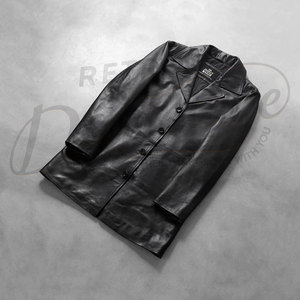Manteau mi-long en cuir véritable noir de qualité supérieure pour homme - Trench-coat classique en peau de mouton véritable coupe ajustée avec fermeture boutonnée - Product Image 2