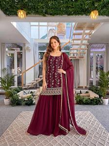 Premium Wine and <b>Emerald</b> Green Embroidered Sharara Suit Set with Chiffon Dupatta Designer Ethnic Party Wear Wedding Outfit - Product Image 5