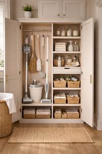 Modern Teak Wood Utility Storage Cabinet with <b>Broom</b> Organizer Linen Shelves and Double Doors - Product Image 1