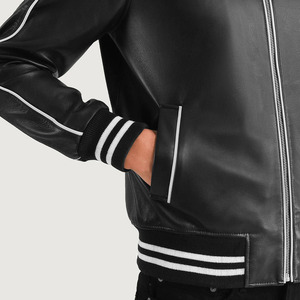 Wholesale Custom Unisex Black Genuine Leather <b>Racing</b> Bomber <b>Jacket</b> Retro Motorcycle with Contrast Piping Waterproof & Windproof - Product Image 6